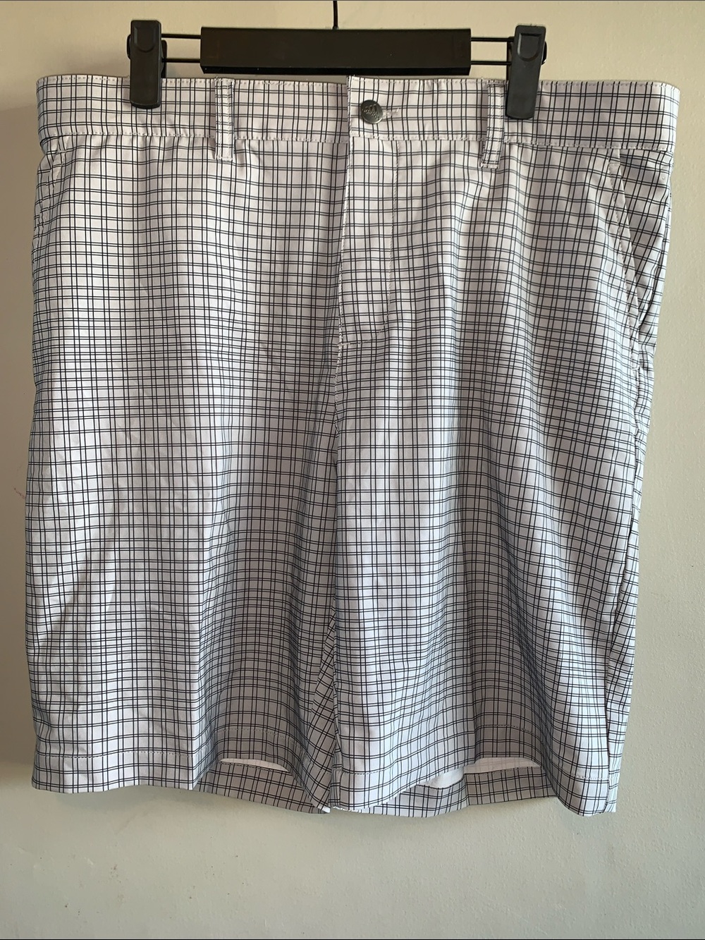adidas Men's White and Black Grid Flat-Front Shorts